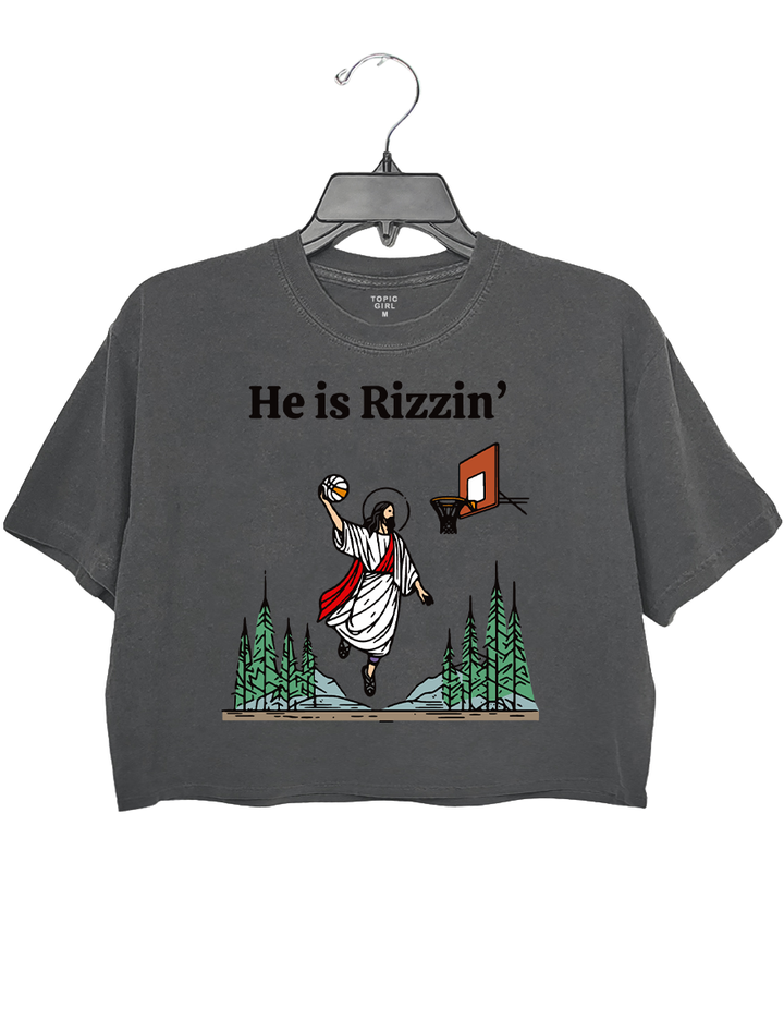 He ls Rizzin Funny Jesus Playing Basketball Crop Top