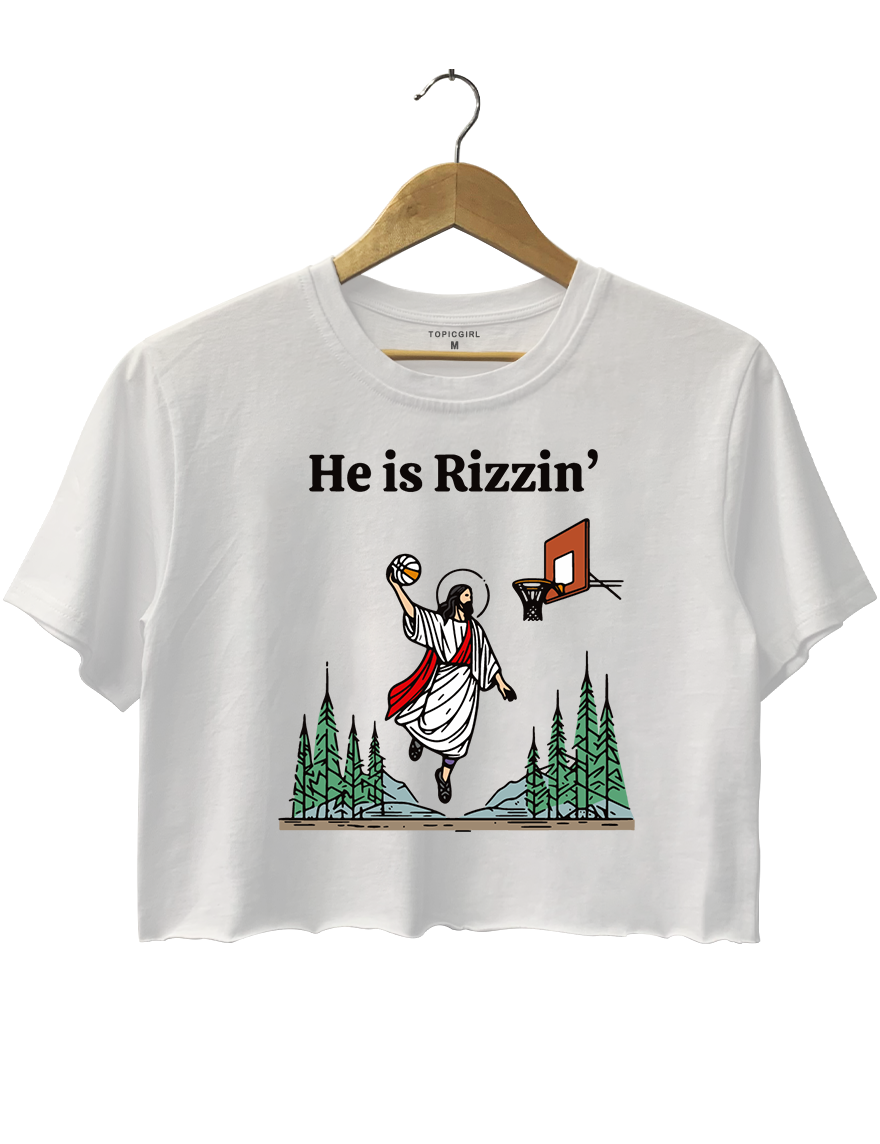 He ls Rizzin Funny Jesus Playing Basketball Crop Top