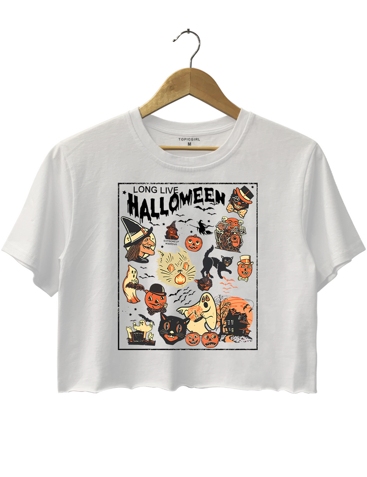 Long Live Halloween Vintage Black Cat Crop Top